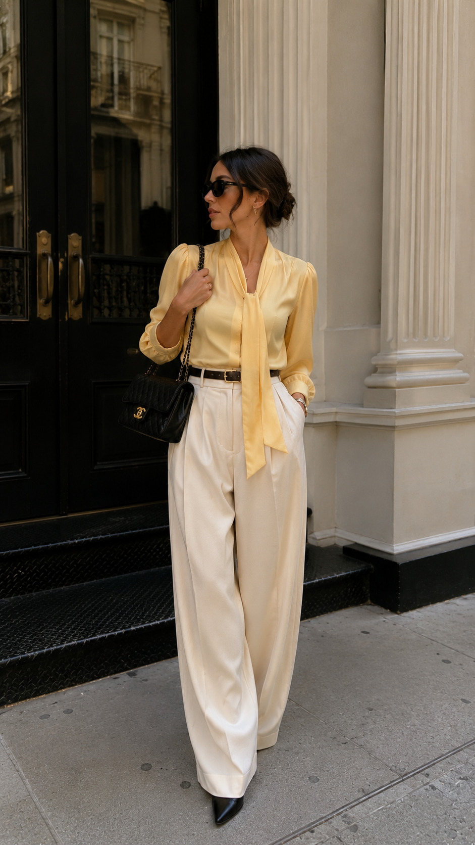 A woman wearing a beige trench coat walking through a sunlit street